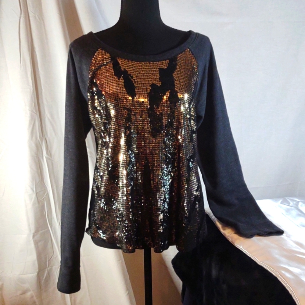 Love Express Gold & Black Sequined on Dark Grey Sweatshirt Size M